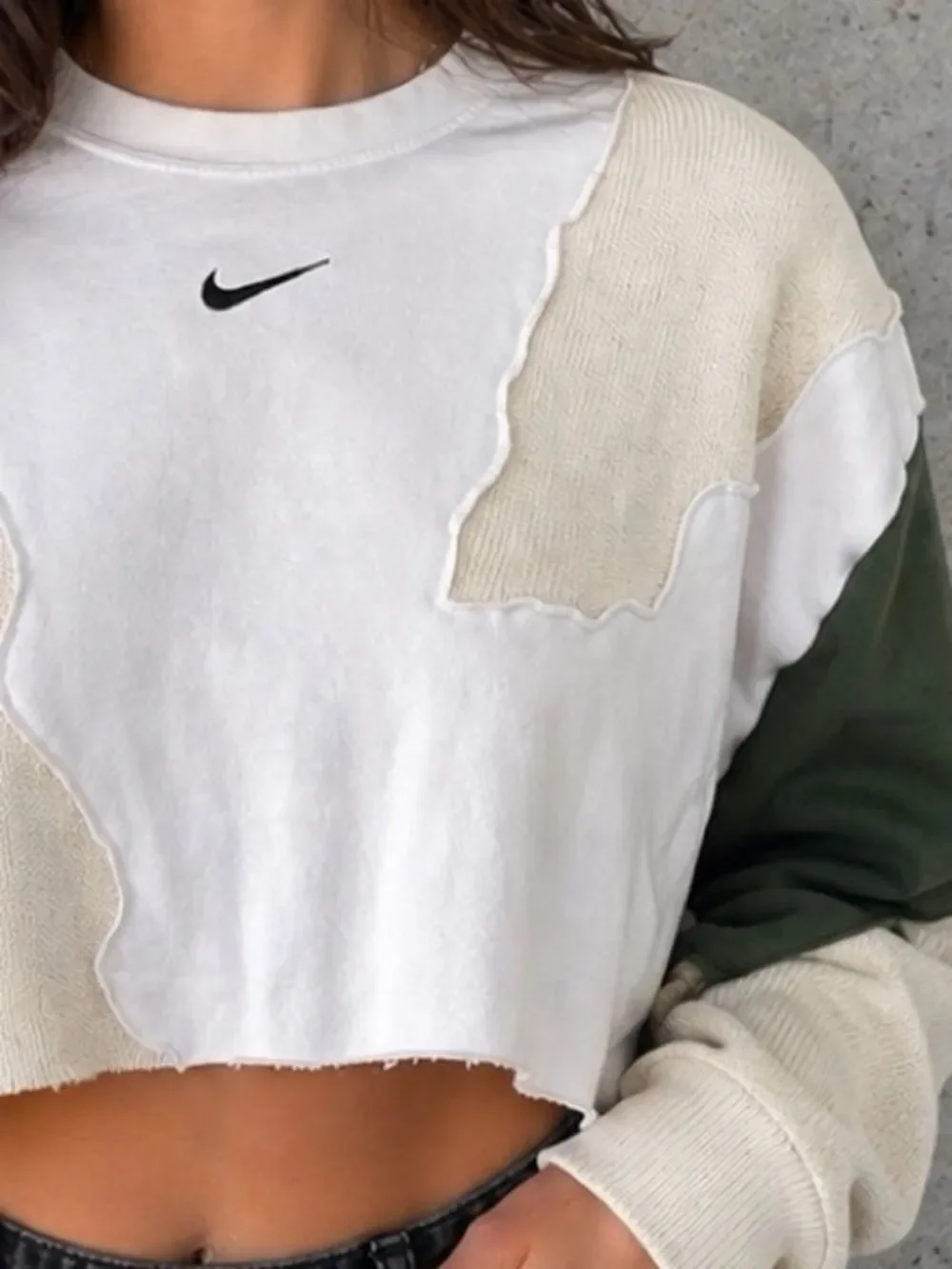 Nike Upcycled Women's Two Tone Cropped Crewneck Relaxed Fit Sweater Top